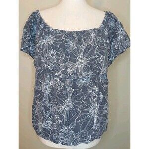 Unsubscribed Top L Silk Ruffle Sleeve Elastic Hem Gray White Floral Cropped $128